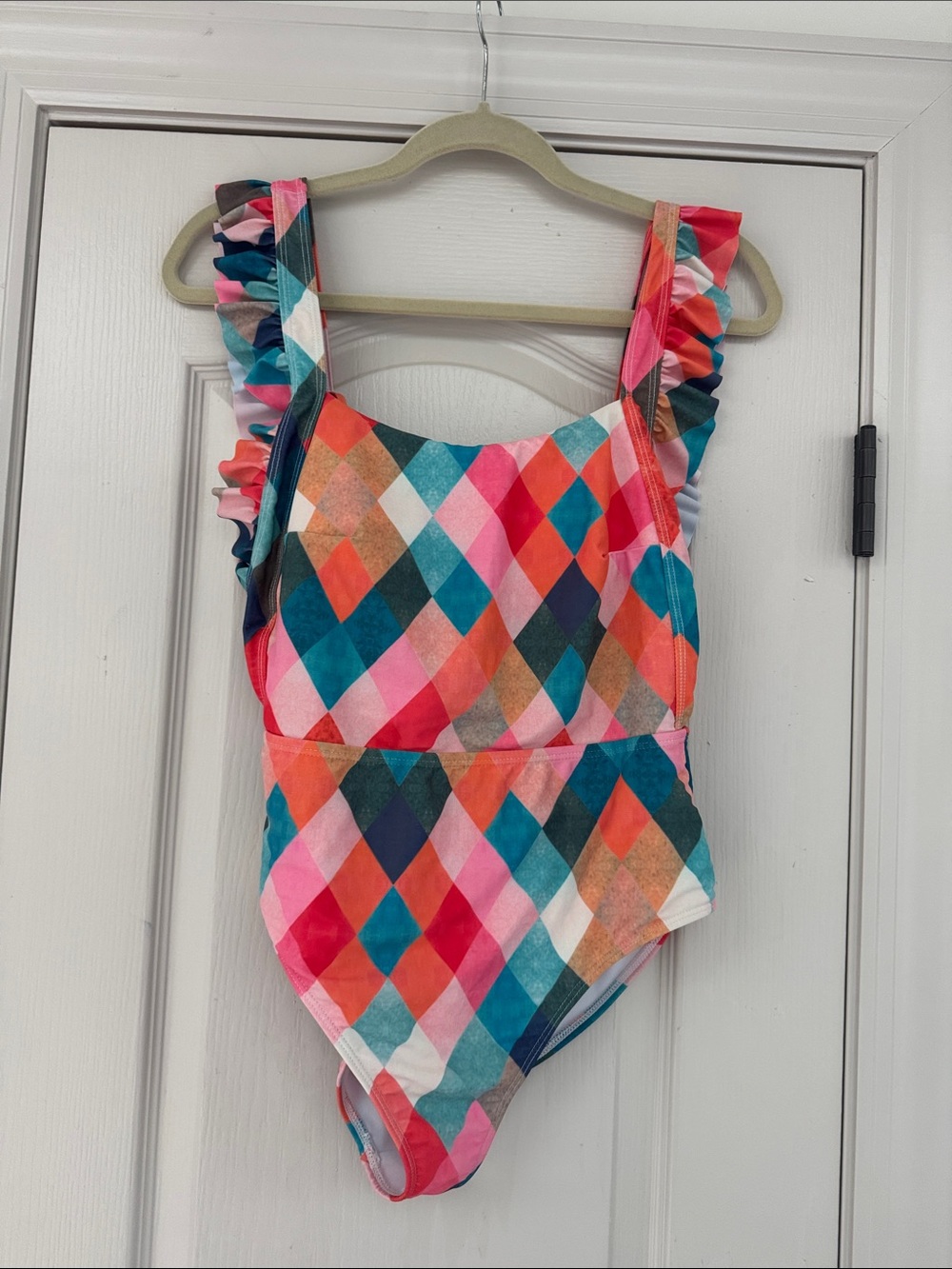 NWOT Davi and Dani Multi-Color Diamond Print Ruffle Strap Swimsuit